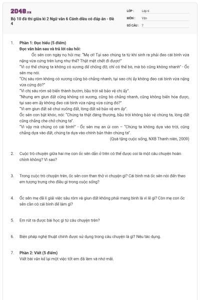 Bộ 10 đề thi giữa kì 2 Ngữ văn 6 Cánh diều có đáp án - Đề 4