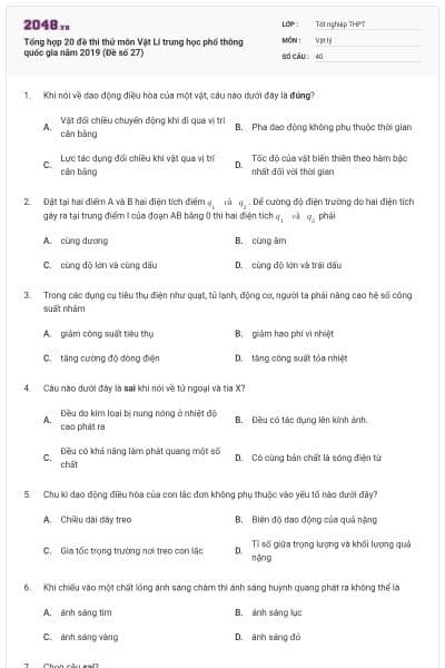 Tổng hợp 20 đề thi thử môn Vật Lí trung học phổ thông quốc gia năm 2019 (Đề số 27)