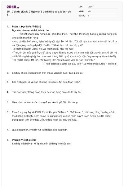 Bộ 10 đề thi giữa kì 2 Ngữ văn 6 Cánh diều có đáp án - Đề 6