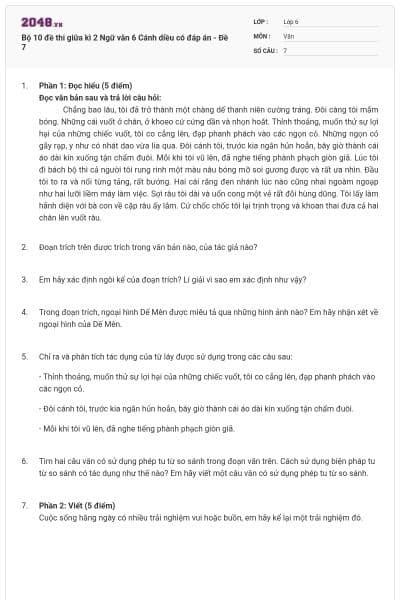 Bộ 10 đề thi giữa kì 2 Ngữ văn 6 Cánh diều có đáp án - Đề 7
