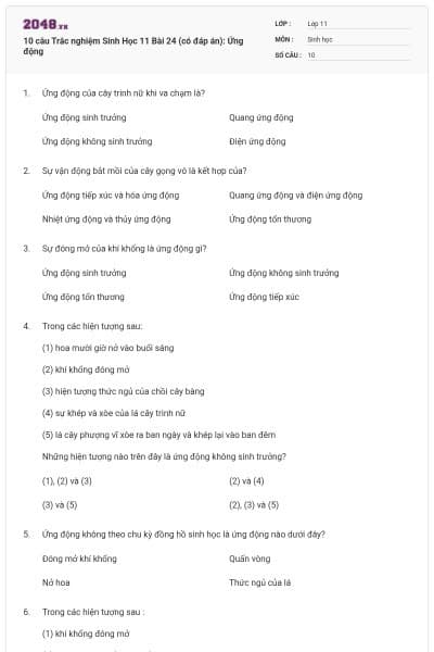 10 câu  Trắc nghiệm Sinh Học 11 Bài 24 (có đáp án): Ứng động