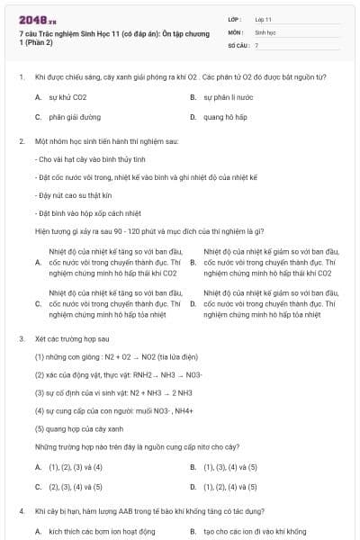 7 câu  Trắc nghiệm Sinh Học 11 (có đáp án): Ôn tập chương 1 (Phần 2)