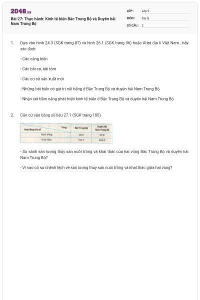 Bài 27: Thực hành: Kinh tế biển Bắc Trung Bộ và Duyên hải Nam Trung Bộ