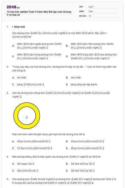 15 câu trắc nghiệm Toán 9 Cánh diều Bài tập cuối chương V có đáp án