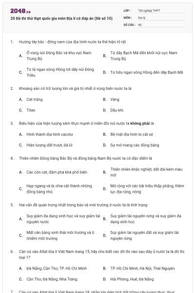20 Đề thi thử thpt quốc gia môn Địa lí có đáp án (Đề số 10)