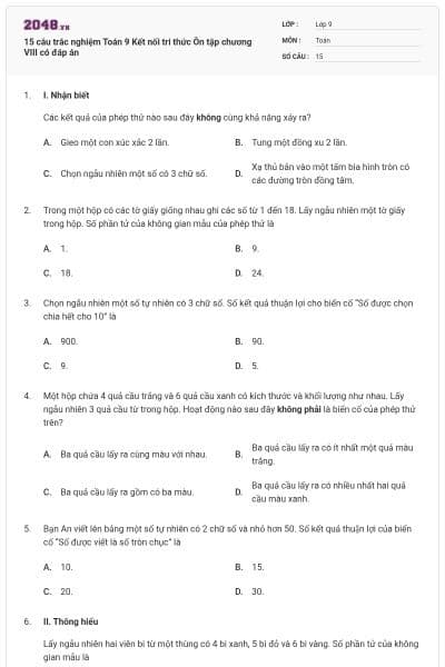 15 câu trắc nghiệm Toán 9 Kết nối tri thức Ôn tập chương VIII có đáp án