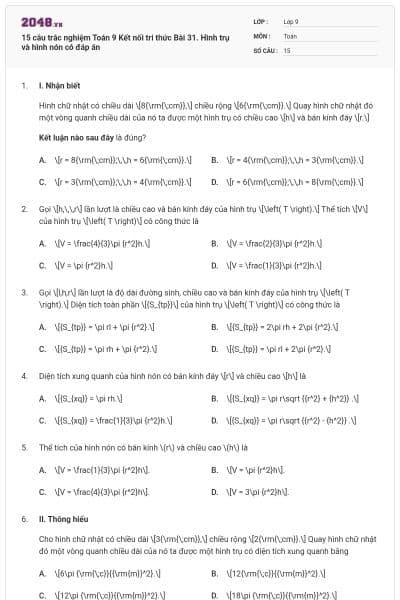 15 câu trắc nghiệm Toán 9 Kết nối tri thức Bài 31. Hình trụ và hình nón có đáp án