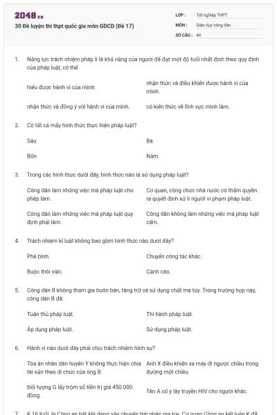 30 Đề luyện thi thpt quốc gia môn GDCD (Đề 17)