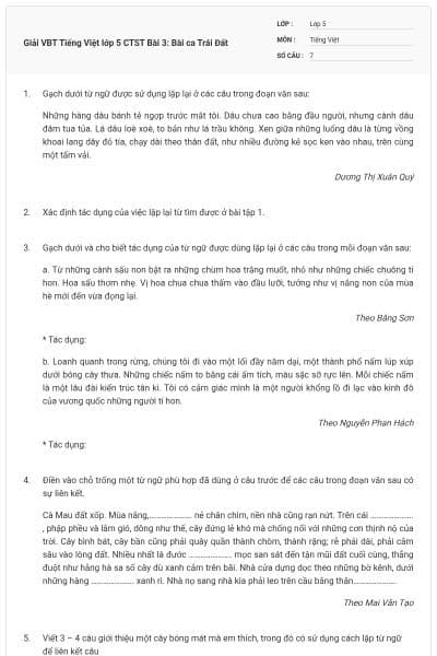 Giải VBT Tiếng Việt lớp 5 CTST Bài 3: Bài ca Trái Đất