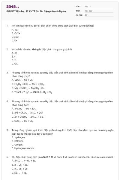 Giải SBT Hóa học 12 KNTT Bài 16. Điện phân có đáp án