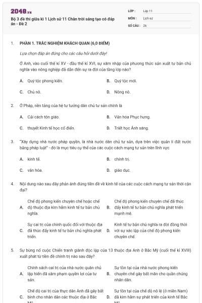 Bộ 3 đề thi giữa kì 1 Lịch sử 11 Chân trời sáng tạo có đáp án - Đề 2