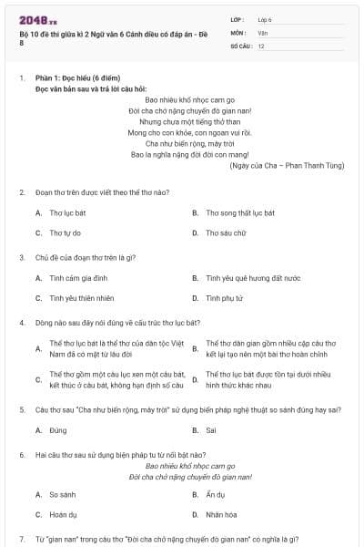 Bộ 10 đề thi giữa kì 2 Ngữ văn 6 Cánh diều có đáp án - Đề 8