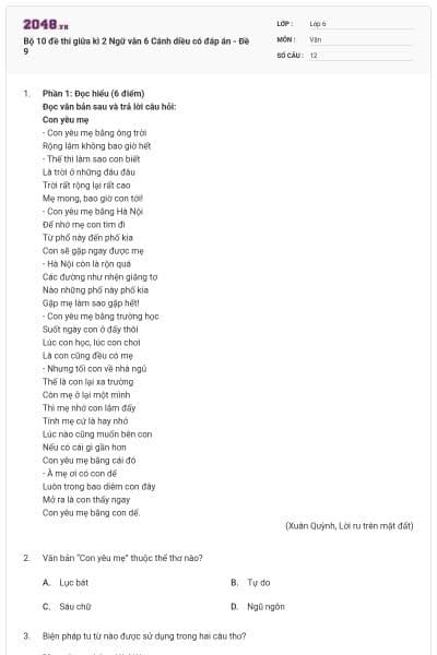 Bộ 10 đề thi giữa kì 2 Ngữ văn 6 Cánh diều có đáp án - Đề 9