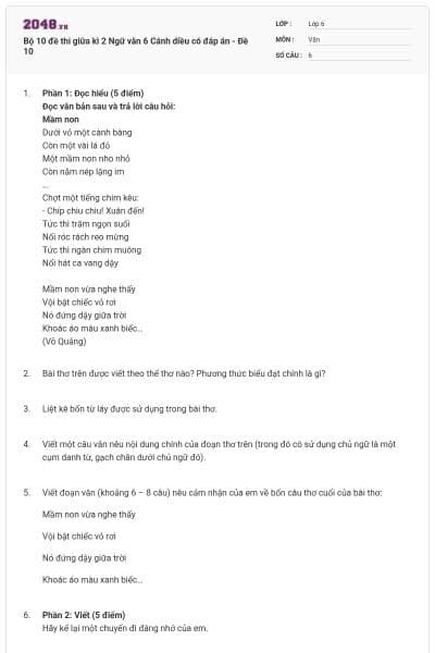 Bộ 10 đề thi giữa kì 2 Ngữ văn 6 Cánh diều có đáp án - Đề 10