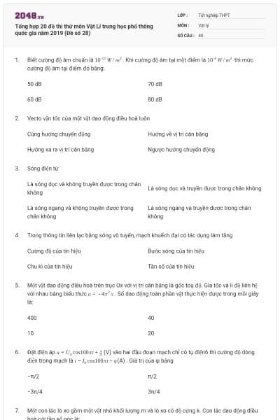 Tổng hợp 20 đề thi thử môn Vật Lí trung học phổ thông quốc gia năm 2019 (Đề số 28)
