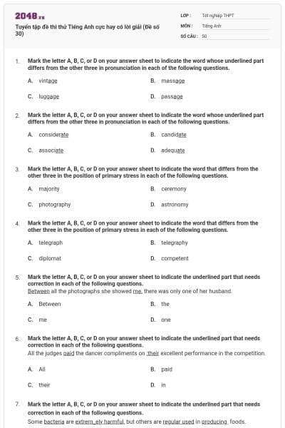 Tuyển tập đề thi thử Tiếng Anh cực hay có lời giải (Đề số 30)