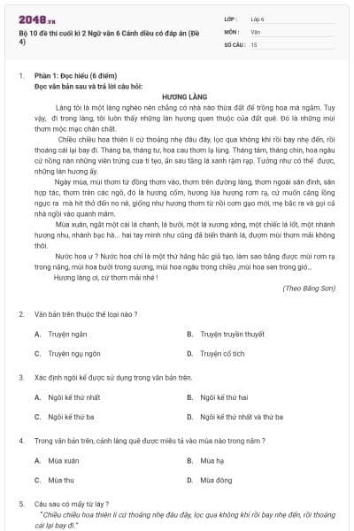 Bộ 10 đề thi cuối kì 2 Ngữ văn 6 Cánh diều có đáp án (Đề 4)