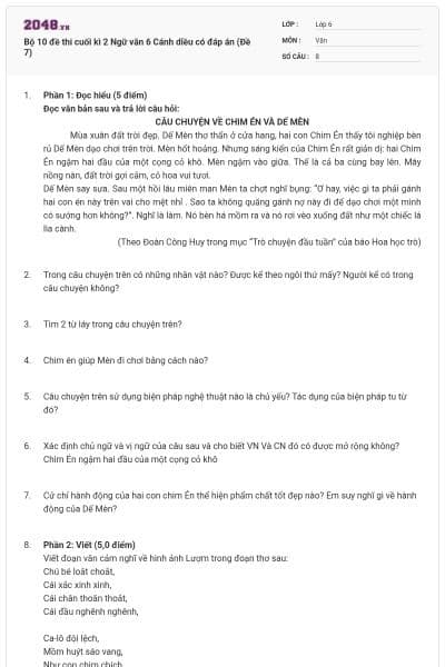Bộ 10 đề thi cuối kì 2 Ngữ văn 6 Cánh diều có đáp án (Đề 7)