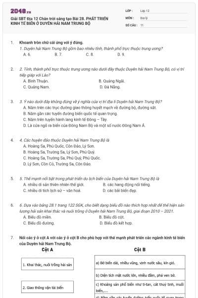 Giải SBT Địa 12 Chân trời sáng tạo Bài 28. PHÁT TRIỂN KINH TẾ BIỂN Ở DUYÊN HẢI NAM TRUNG BỘ