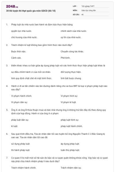 30 Đề luyện thi thpt quốc gia môn GDCD (Đề 18)