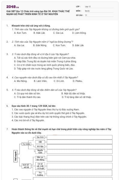 Giải SBT Địa 12 Chân trời sáng tạo Bài 30. KHAI THÁC THẾ MẠNH ĐỂ PHÁT TRIỂN KINH TẾ Ở TÂY NGUYÊN