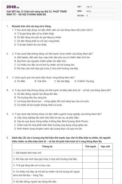 Giải SBT Địa 12 Chân trời sáng tạo Bài 32. PHÁT TRIỂN KINH TẾ – XÃ HỘI Ở ĐÔNG NAM BỘ