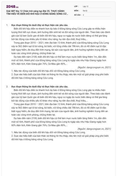 Giải SBT Địa 12 Chân trời sáng tạo Bài 35. THỰC HÀNH: TÌM HIỂU VỀ BIẾN ĐỔI KHÍ HẬU Ở ĐỒNG BẰNG SÔNG CỬU LONG