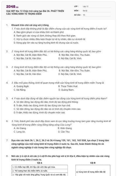 Giải SBT Địa 12 Chân trời sáng tạo Bài 36. PHÁT TRIỂN CÁC VÙNG KINH TẾ TRỌNG ĐIỂM