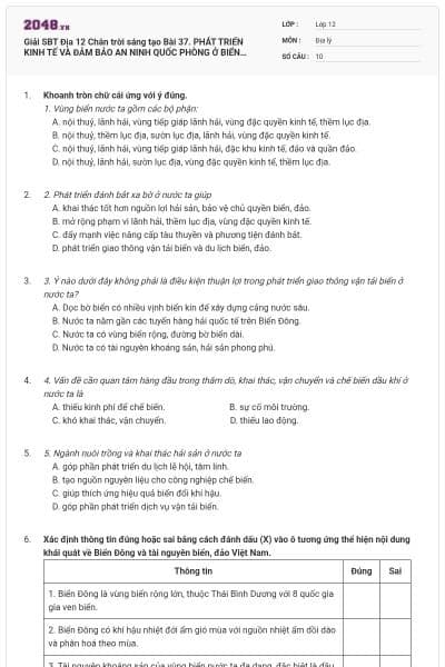 Giải SBT Địa 12 Chân trời sáng tạo Bài 37. PHÁT TRIỂN KINH TẾ VÀ ĐẢM BẢO AN NINH QUỐC PHÒNG Ở BIỂN ĐÔNG VÀ CÁC ĐẢO, QUẦN ĐẢO