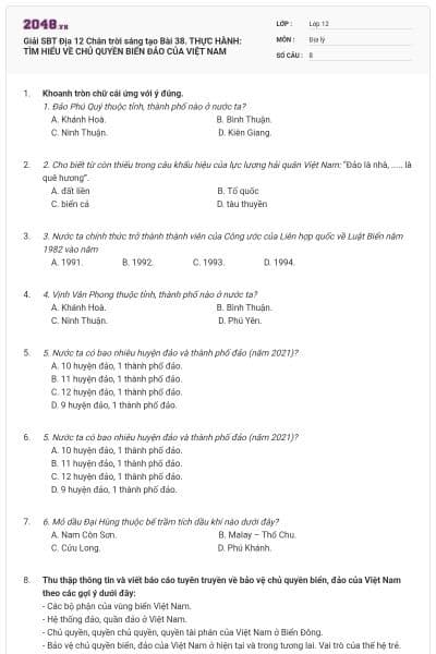 Giải SBT Địa 12 Chân trời sáng tạo Bài 38. THỰC HÀNH: TÌM HIỂU VỀ CHỦ QUYỀN BIỂN ĐẢO CỦA VIỆT NAM