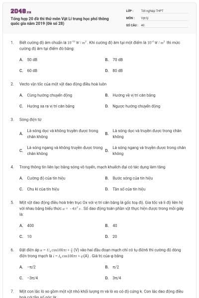 Tổng hợp 20 đề thi thử môn Vật Lí trung học phổ thông quốc gia năm 2019 (Đề số 28)