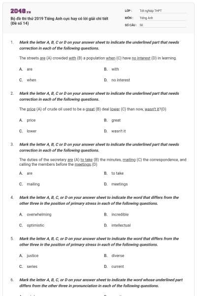 Bộ đề thi thử 2019 Tiếng Anh cực hay có lời giải chi tiết (Đề số 14)