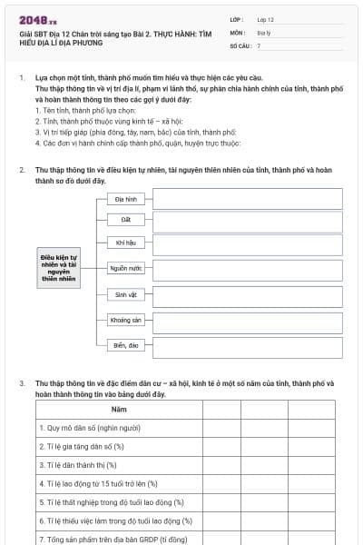 Giải SBT Địa 12 Chân trời sáng tạo Bài 2. THỰC HÀNH: TÌM HIỂU ĐỊA LÍ ĐỊA PHƯƠNG