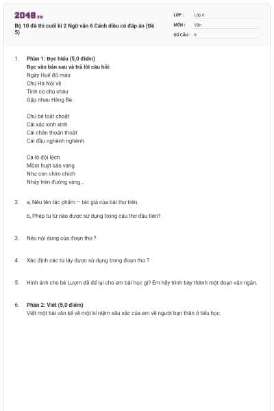 Bộ 10 đề thi cuối kì 2 Ngữ văn 6 Cánh diều có đáp án (Đề 5)