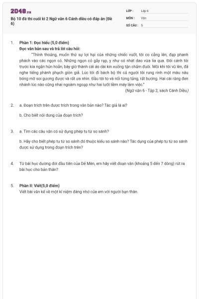 Bộ 10 đề thi cuối kì 2 Ngữ văn 6 Cánh diều có đáp án (Đề 6)