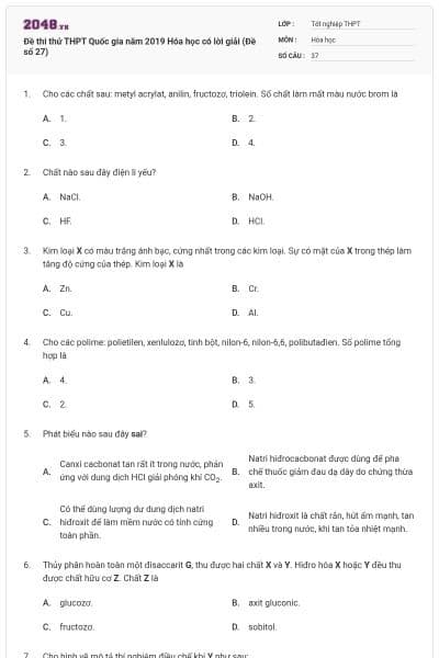 Đề thi thử THPT Quốc gia năm 2019 Hóa học có lời giải (Đề số 27)