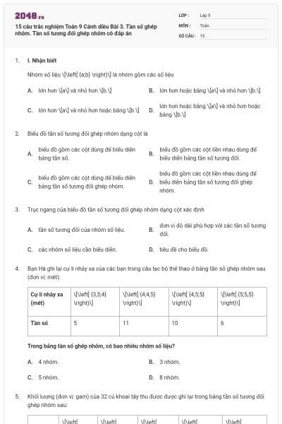 15 câu trắc nghiệm Toán 9 Cánh diều Bài 3. Tần số ghép nhóm. Tần số tương đối ghép nhóm có đáp án