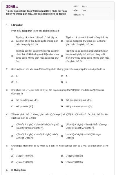 15 câu trắc nghiệm Toán 9 Cánh diều Bài 4. Phép thử ngẫu nhiên và không gian mẫu. Xác suất của biến cố có đáp án