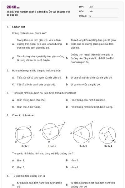 15 câu trắc nghiệm Toán 9 Cánh diều Ôn tập chương VIII có đáp án