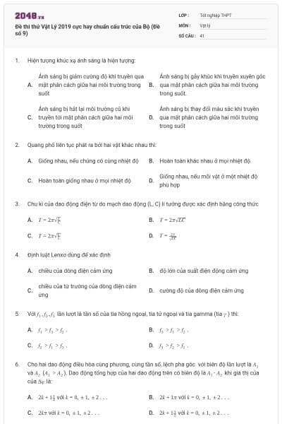Đề thi thử Vật Lý 2019 cực hay chuẩn cấu trúc của Bộ (Đề số 9)
