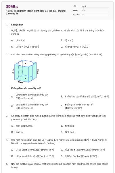 15 câu trắc nghiệm Toán 9 Cánh diều Bài tập cuối chương X có đáp án