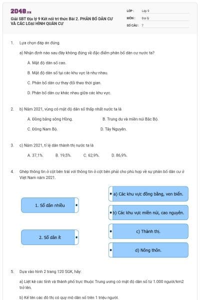 Giải SBT Địa lý 9 Kết nối tri thức Bài 2. PHÂN BỐ DÂN CƯ VÀ CÁC LOẠI HÌNH QUÂN CƯ