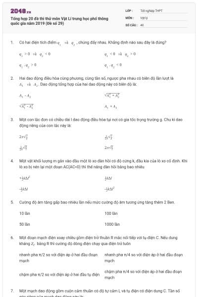 Tổng hợp 20 đề thi thử môn Vật Lí trung học phổ thông quốc gia năm 2019 (Đề số 29)
