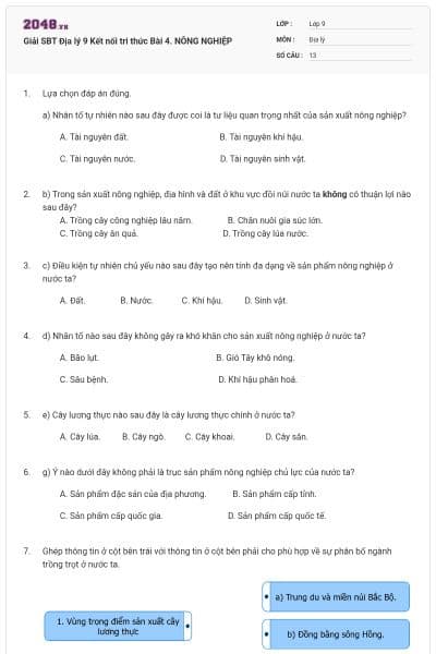 Giải SBT Địa lý 9 Kết nối tri thức Bài 4. NÔNG NGHIỆP