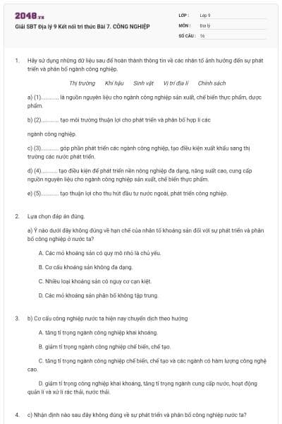 Giải SBT Địa lý 9 Kết nối tri thức Bài 7. CÔNG NGHIỆP