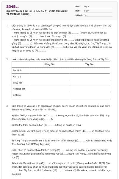 Giải SBT Địa lý 9 Kết nối tri thức Bài 11. VÙNG TRUNG DU VÀ MIỀN NÚI BẮC BỘ