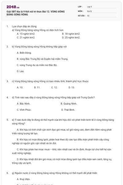 Giải SBT Địa lý 9 Kết nối tri thức Bài 12. VÙNG ĐỒNG BẰNG SÔNG HỒNG