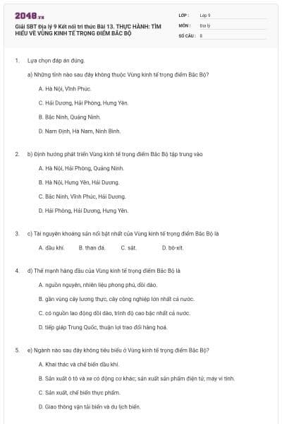 Giải SBT Địa lý 9 Kết nối tri thức Bài 13. THỰC HÀNH: TÌM HIỂU VỀ VÙNG KINH TẾ TRỌNG ĐIỂM BẮC BỘ
