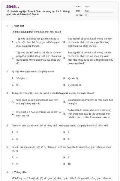 15 câu trắc nghiệm Toán 9 Chân trời sáng tạo Bài 1. Không gian mẫu và biến cố có đáp án