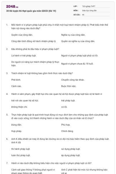 30 Đề luyện thi thpt quốc gia môn GDCD (Đề 19)